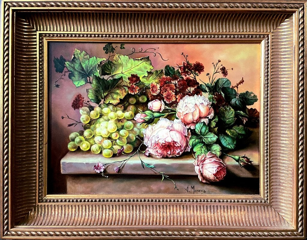 Stilleven met rozen en druiven (Alfonso Moreno  1947 ), Antiek en Kunst, Kunst | Schilderijen | Klassiek, Doek, Olieverf, Klassiek