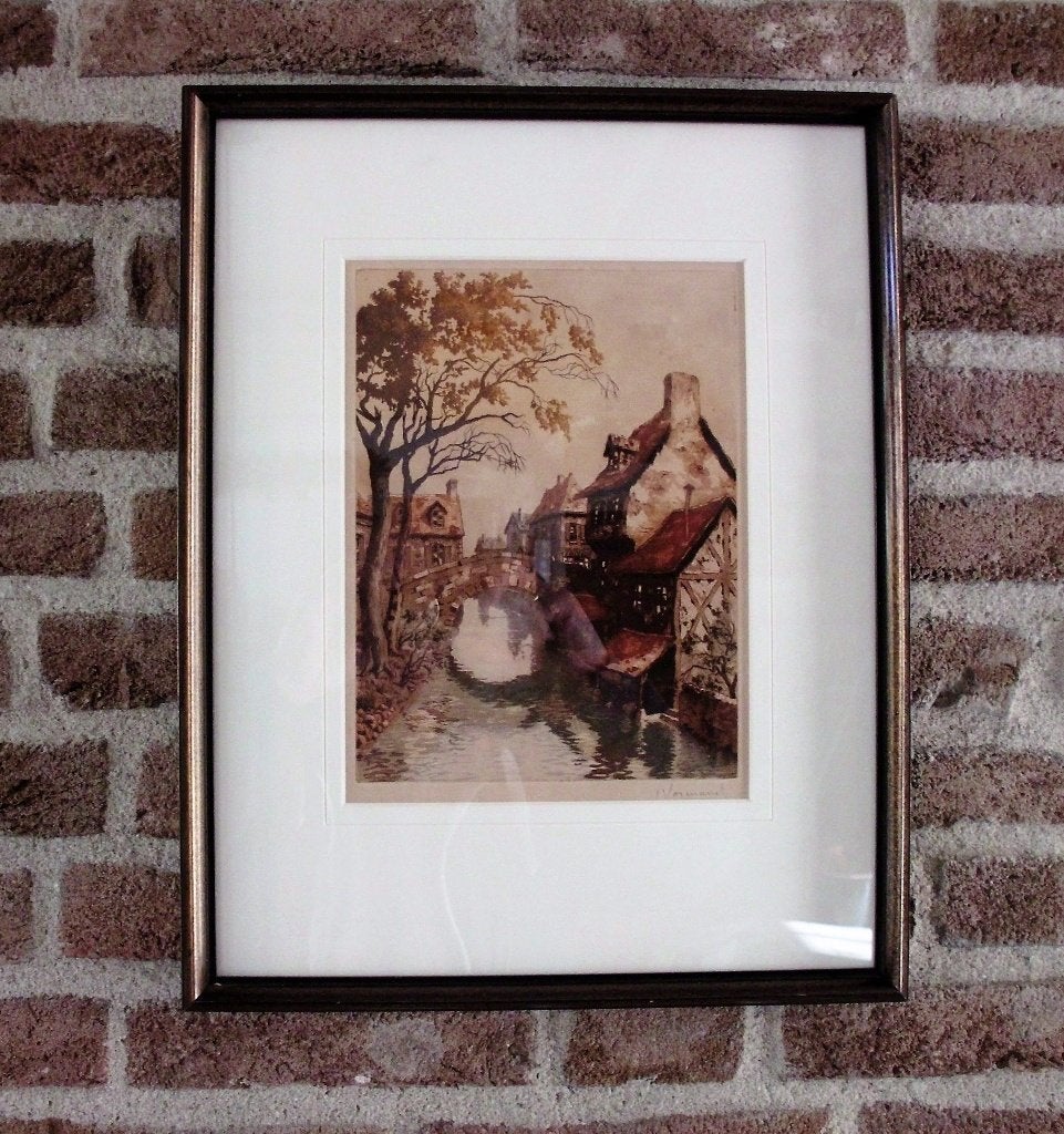 Stads gezicht  met signatuur ,, Antiek en Kunst, Kunst | Etsen en Gravures, Ophalen of Verzenden, Stadsgezicht, Ets, 1900 - 1949