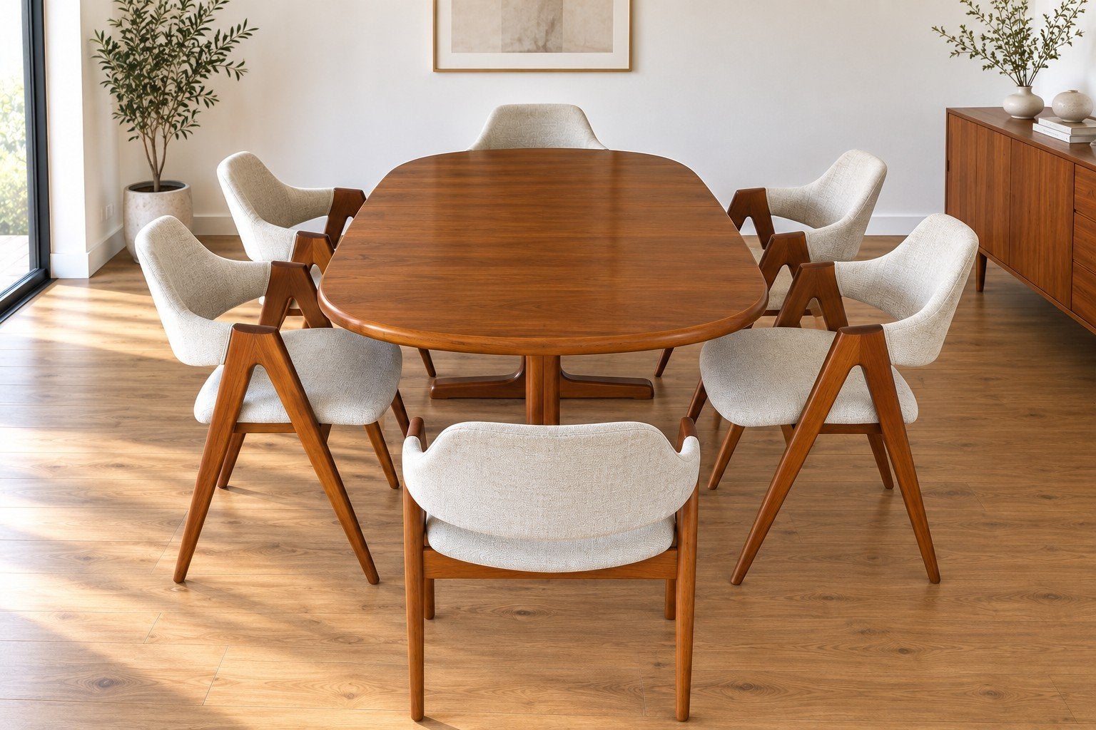 Kai Kristiansen Compass | 6 stoelen + uitschuifbare tafel, Gebruikt, Bruin, Vintage, Ophalen of Verzenden