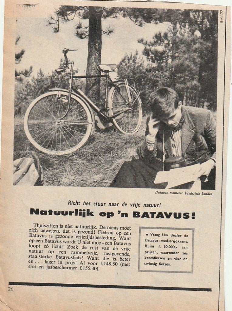 Retro reclame 1958 Batavus fiets jongen met landkaart, Verzenden, Overige typen