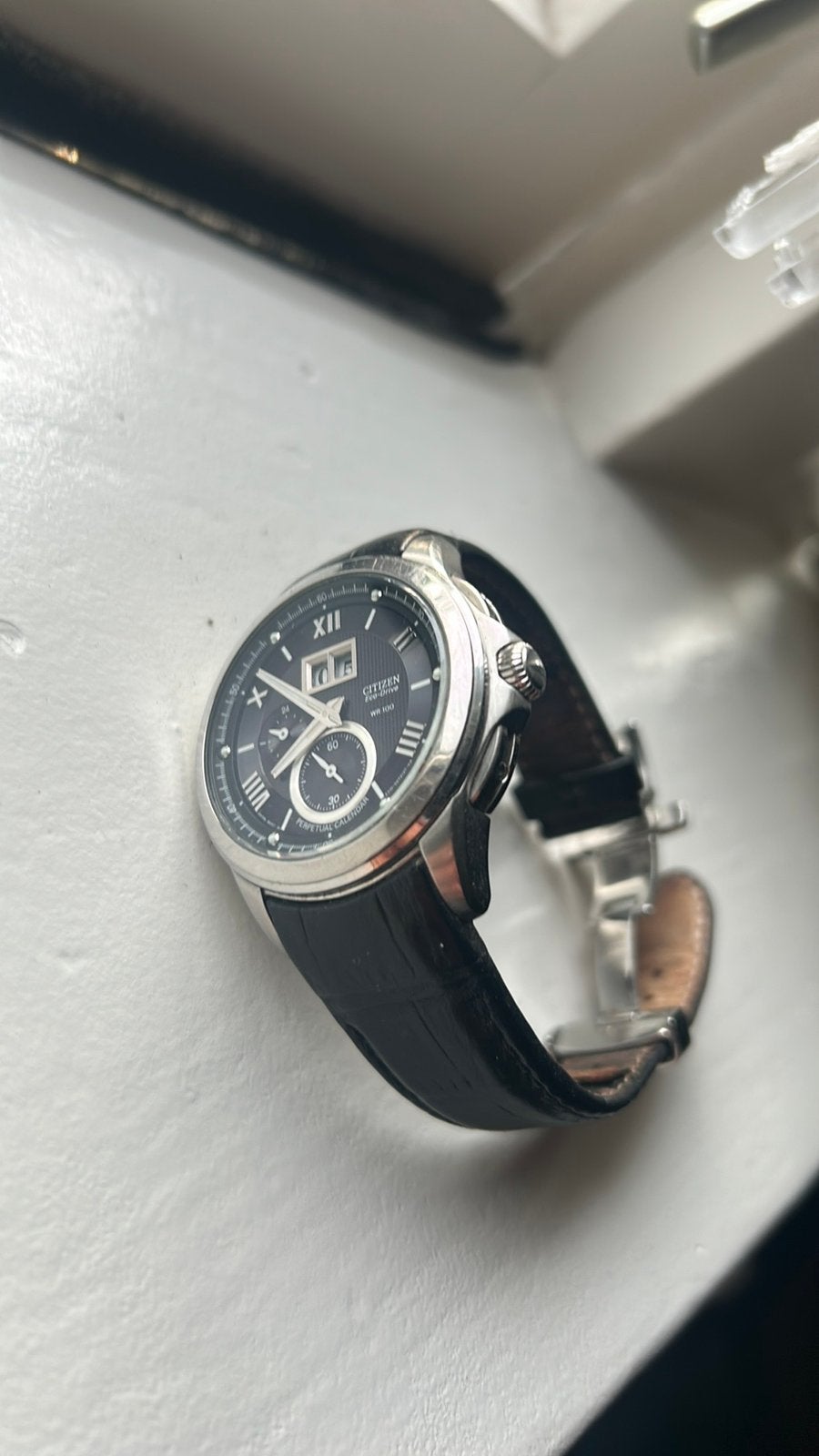 Citizen eco-drive perpetuele kalender, Ophalen, Staal, Leer, Gebruikt