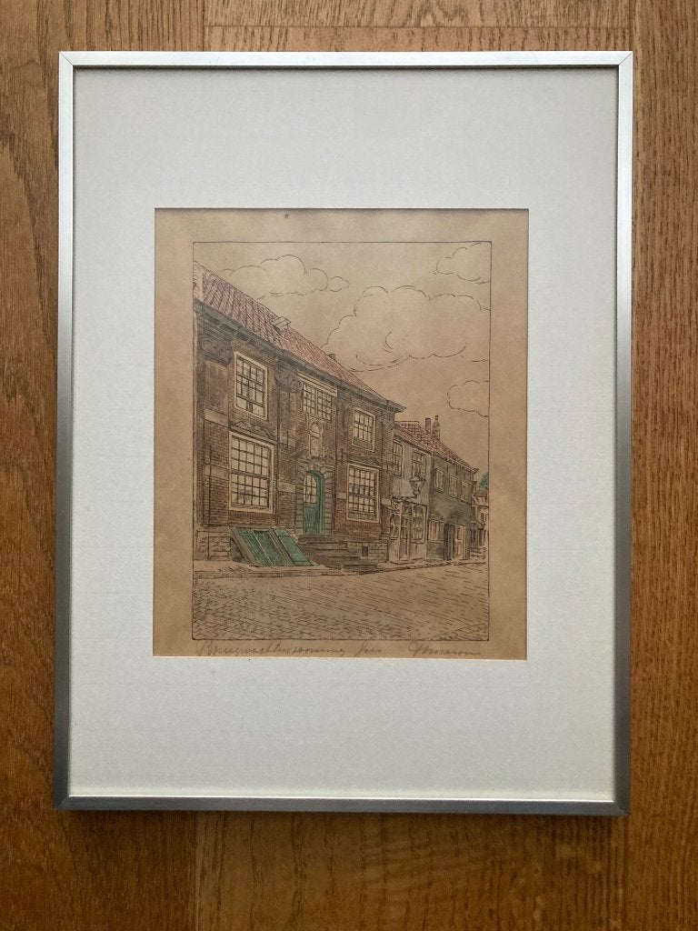 Pentekening Huis Hoope of Brugwachterswoning in Goes, Antiek en Kunst, Kunst | Tekeningen en Foto's, Ophalen of Verzenden, Pentekening
