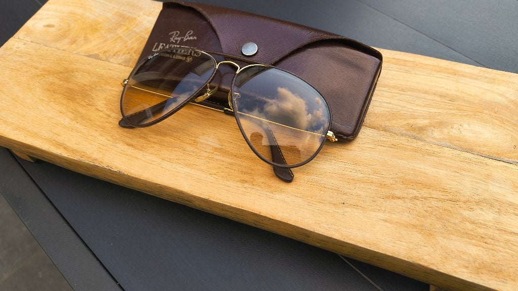 Ray-Ban Bausch & Lomb Aviator Leather 62-14–Changeable NWST, Zonnebril, Bruin, Ophalen of Verzenden, Zo goed als nieuw
