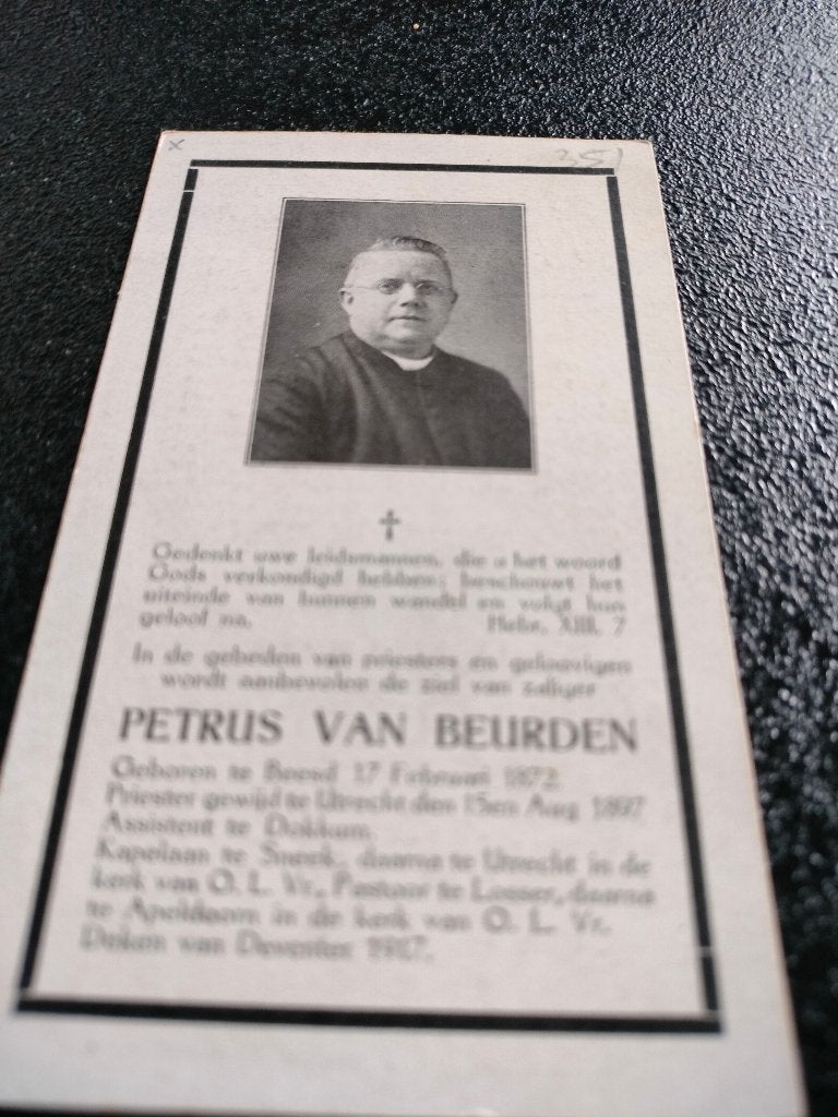 Bidprentje Pastoor van Beurden Losser Apeldoorn Sneek, Verzamelen, Bidprentjes en Rouwkaarten, Ophalen of Verzenden, Bidprentje
