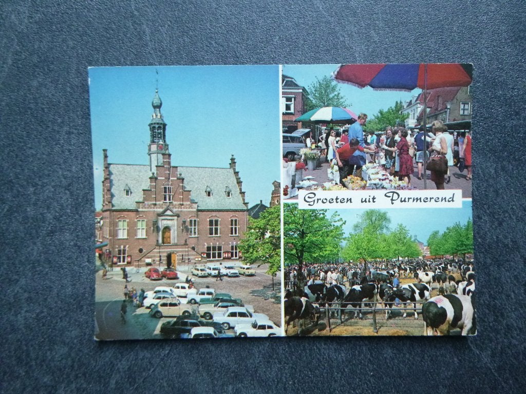 Purmerend, raadhuis/bloemenmarkt/veemarkt/auto 1970, Verzenden, 1960 tot 1980, Gelopen, Noord-Holland