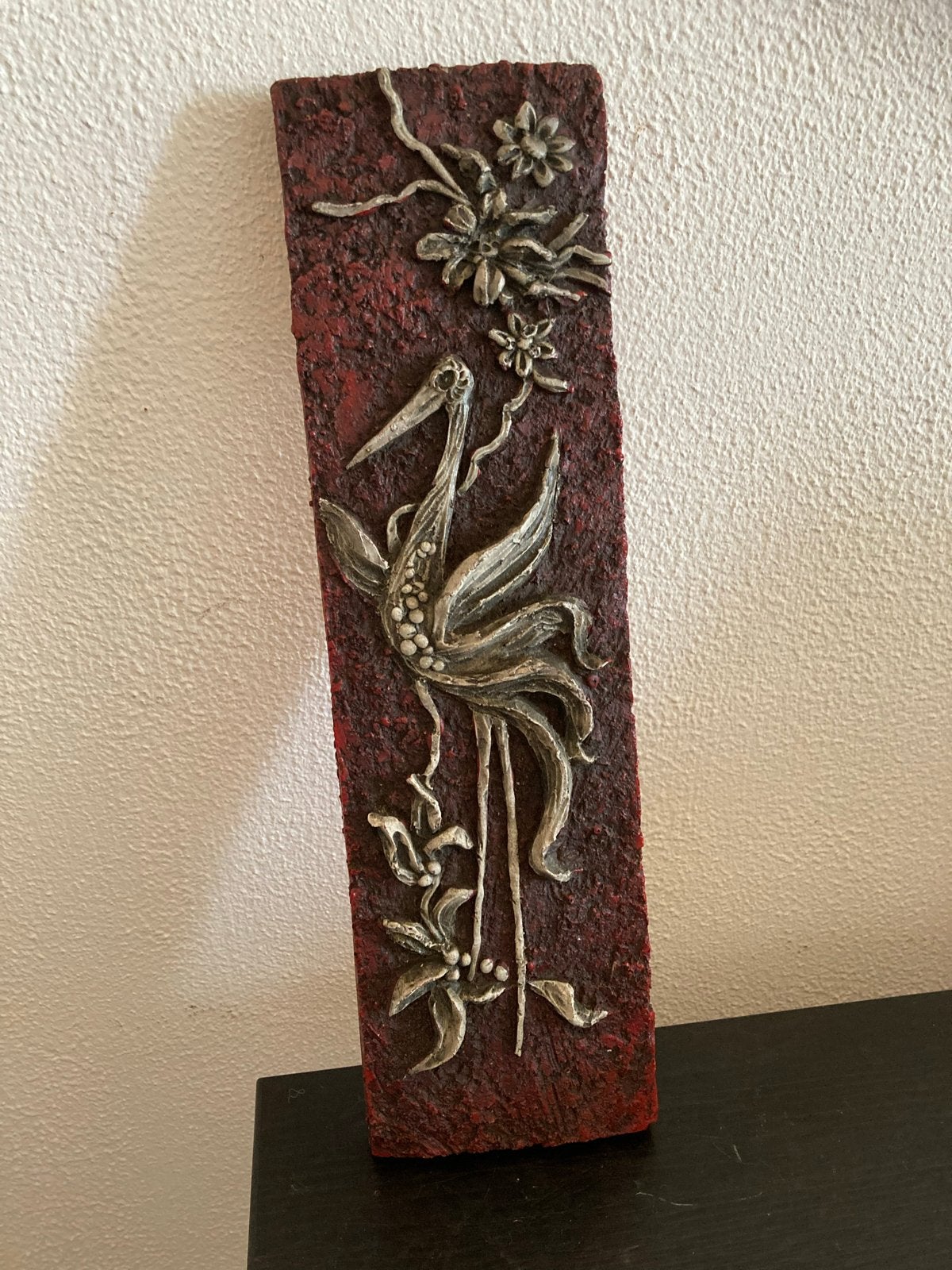 Vintage Wandtegel Kraanvogel en Bloemen Reliëf 1970, Ophalen of Verzenden