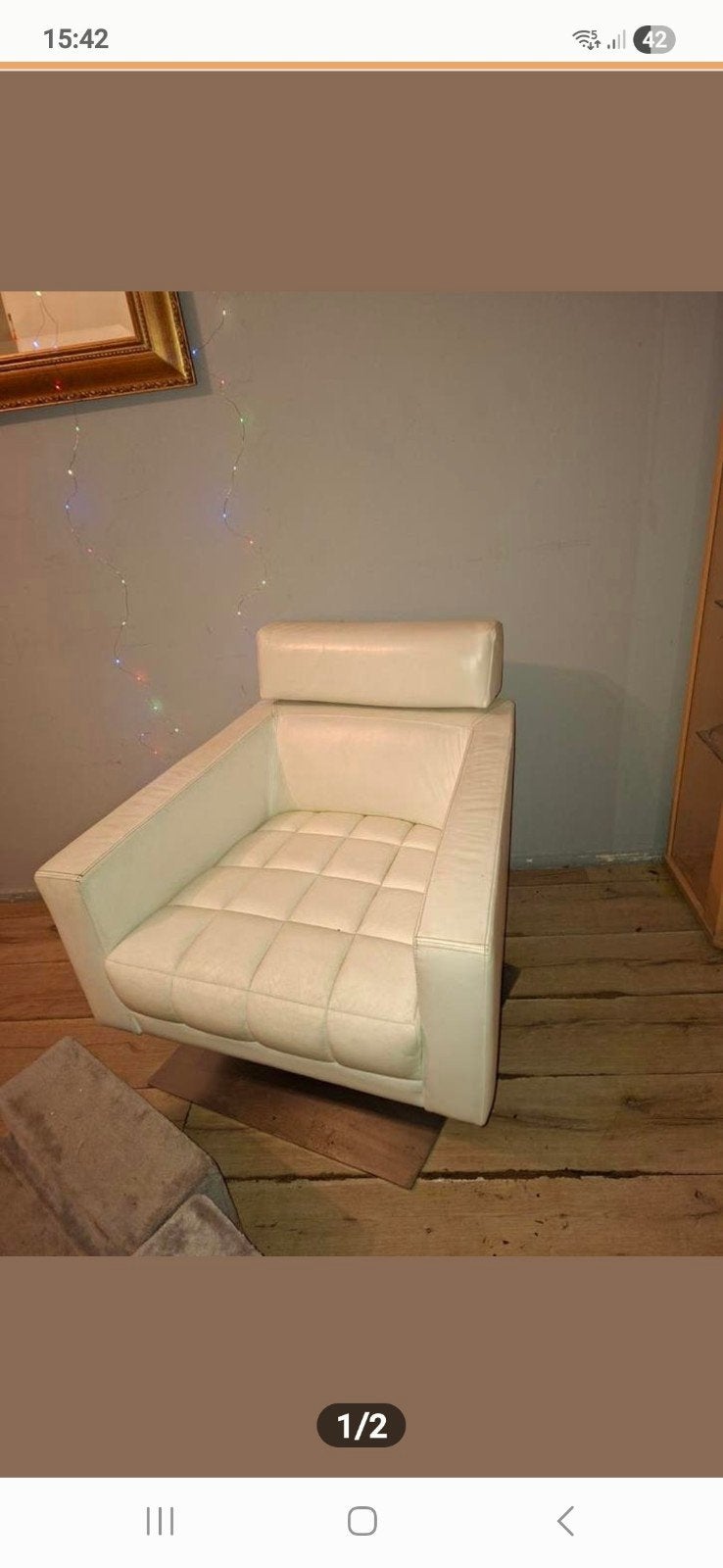 Gratis ophalen Comfortabele Crèmekleurige Leren Fauteuil, Huis en Inrichting, Fauteuils, Ophalen, Modern, Comfortabel, Gebruikt