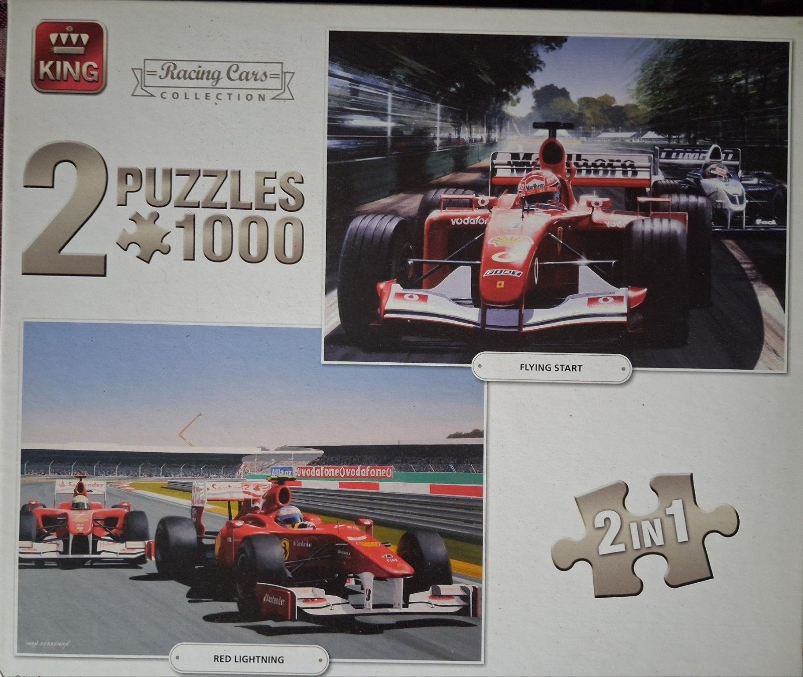 King Racing Cars 2x1000 stukjes puzzel - Formule 1, Hobby en Vrije tijd, Ophalen of Verzenden, 500 t/m 1500 stukjes, Zo goed als nieuw