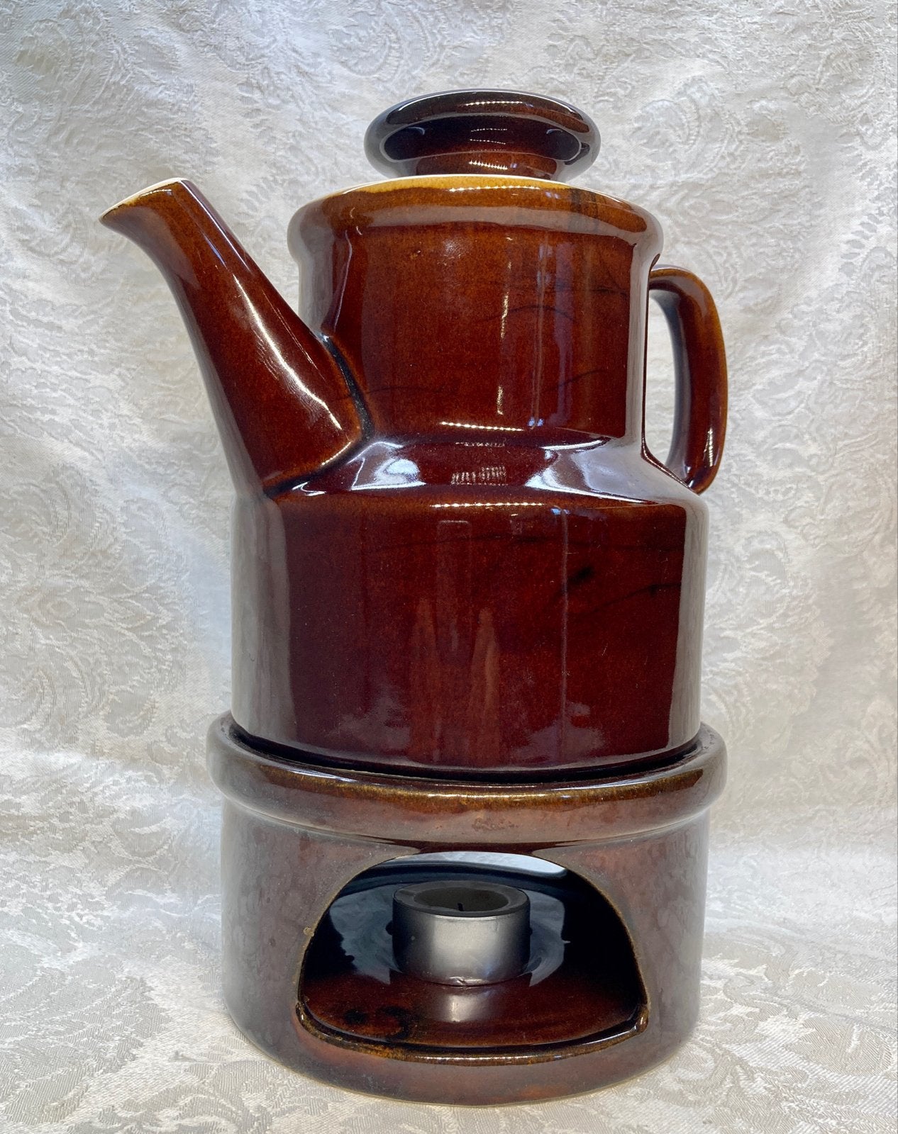 Vintage Bruine Keramische Koffiepot met Warmhouder, Ophalen of Verzenden