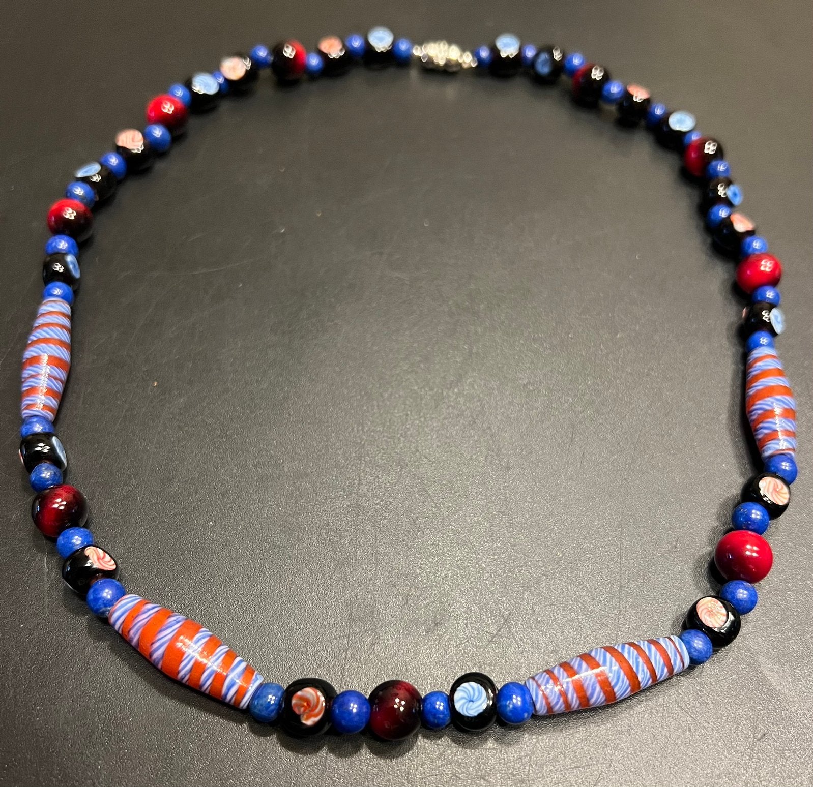 Unieke handmade Venetiaanse chevron glaskralen ketting, Ophalen of Verzenden, Zilver, Ring