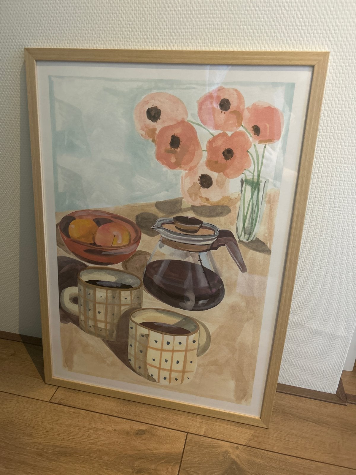 Schilderij met koffiekan, kopjes en bloemen, Antiek en Kunst, Kunst | Schilderijen | Klassiek, Ophalen, Realistisch, Stilleven