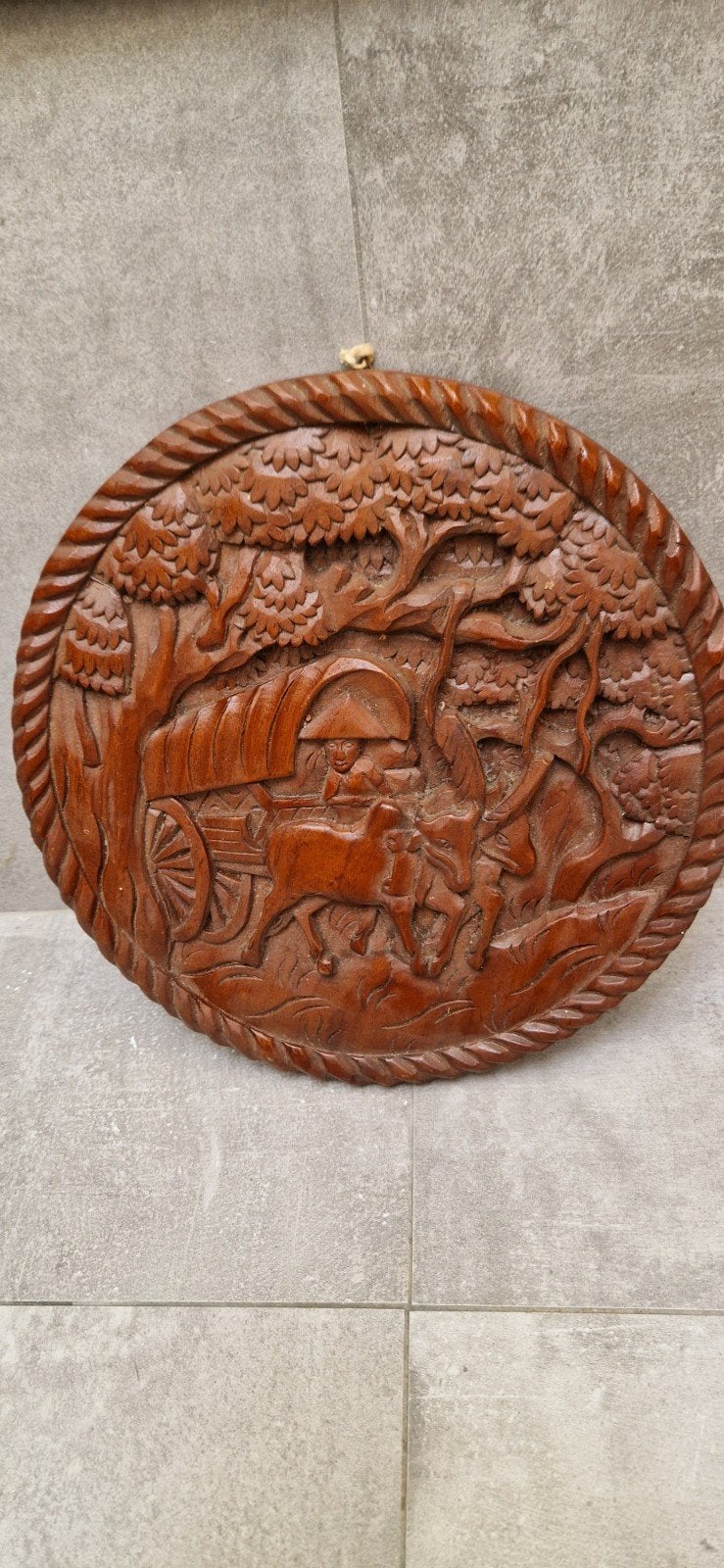 Houten wanddecoratie: Ossenkar in reliëf, Ophalen of Verzenden, Handgemaakt, Wanddecoratie, 20 - 50 cm