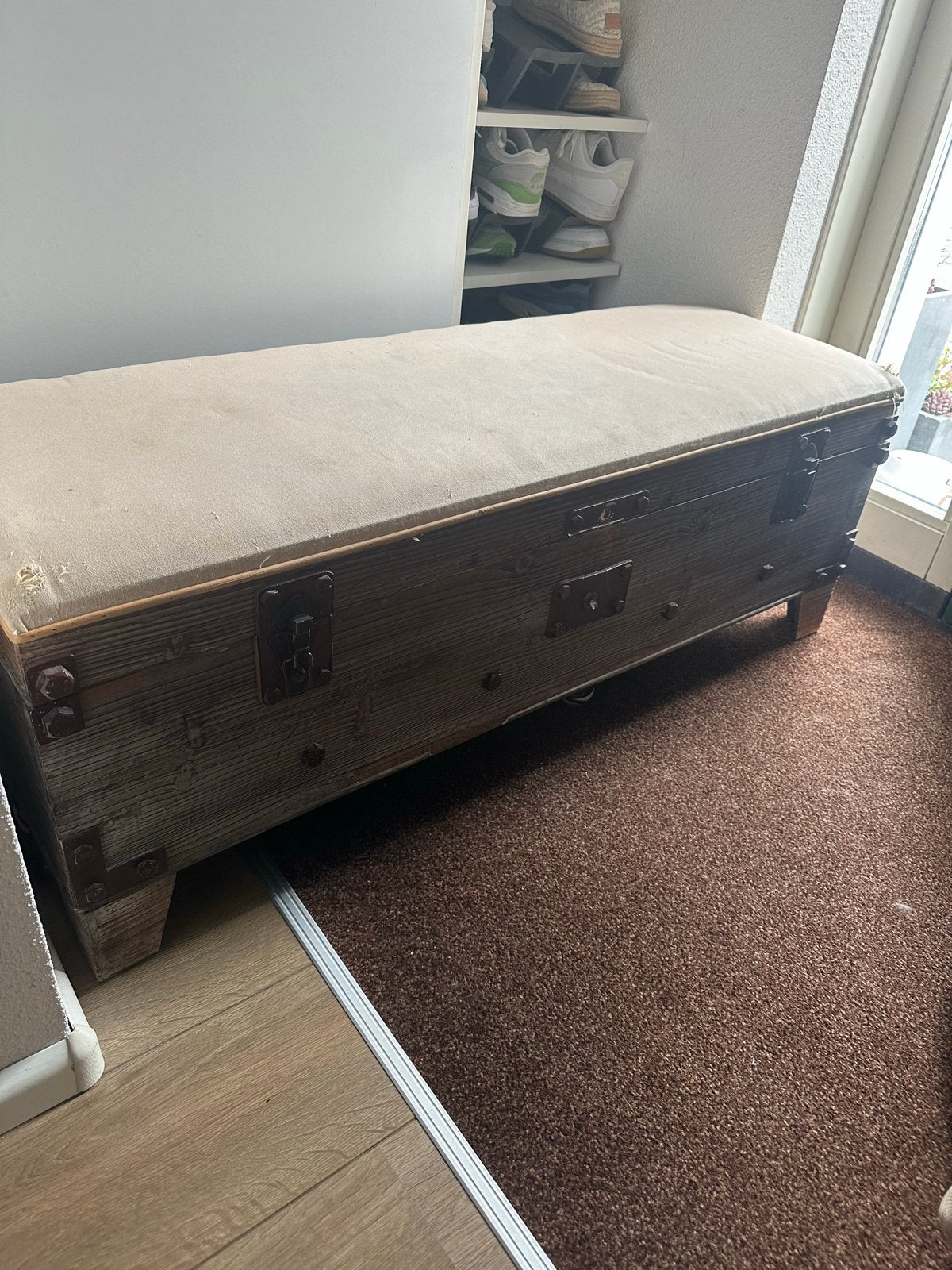 Houten bankje met opbergruimte, Ophalen, Gebruikt, 100 tot 150 cm, 5 – 50