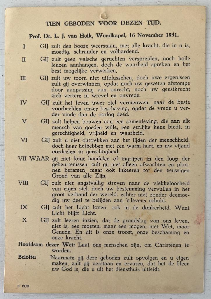 Tien geboden van deze tijd - L.J. van Holk op kaart (1941), Verzamelen, Militaria | Tweede Wereldoorlog, Ophalen of Verzenden