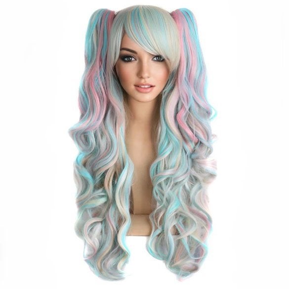 Pastel multi-color pruik lang krullend haar + 2 staarten, Verzenden, Nieuw, Pruik of Haarverlenging