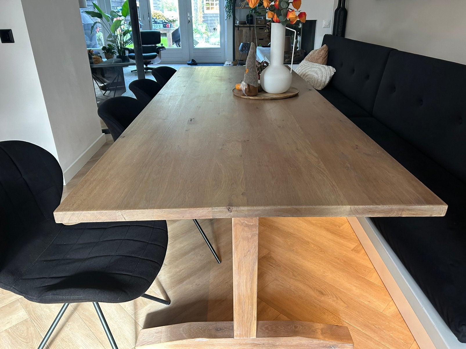 Eikenhouten eettafel, uniek! speciaal prof. gemaakt, Huis en Inrichting, Eikenhout, 200 cm of meer, Zo goed als nieuw, Vijf personen of meer