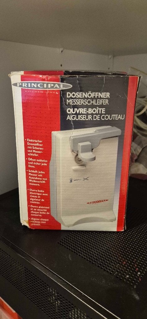 Principal elektrische blikopener met slijpfunctie en doos, Witgoed en Apparatuur, Ophalen, Zo goed als nieuw