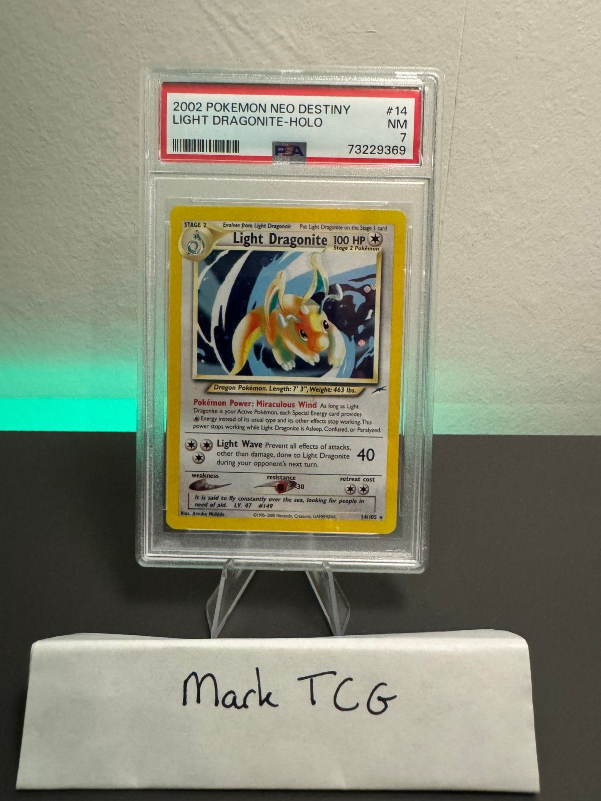 PSA 7 Light Dragonite Holo Neo Destiny #14 Pokemon Kaart, Ophalen of Verzenden, Gebruikt, Losse kaart