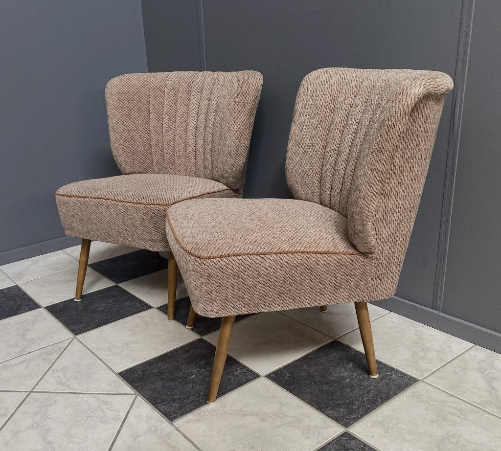 60 jaren 2 cocktail fauteuils beige met bruin stof met print, Ophalen, Hout, Gebruikt, Minder dan 75 cm