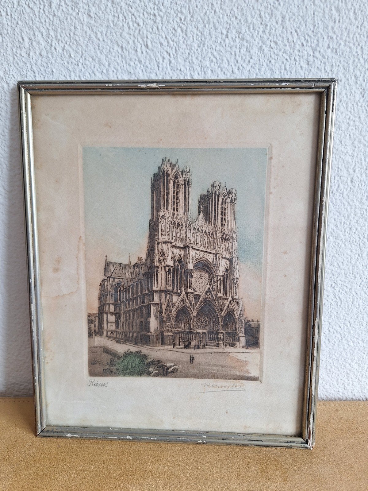 Antieke ets Kathedraal van Reims, Frankrijk, Antiek en Kunst, Ophalen, Ingelijst, 1800 - 1899, Ets
