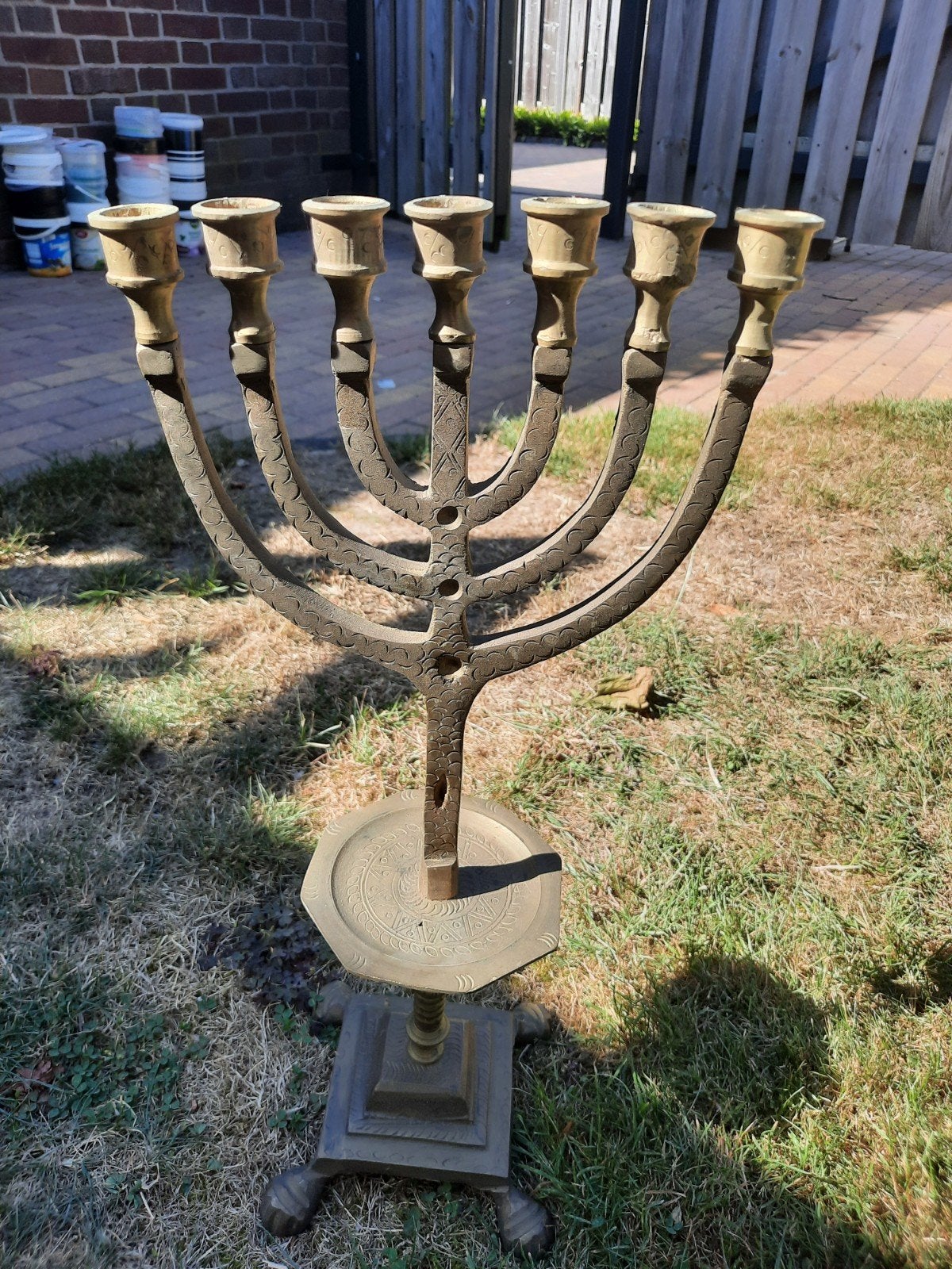 Antieke bronzen Menora kandelaar, 7-armig, Ophalen