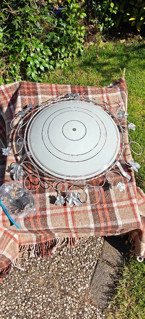 Retro plafondlamp jaren '60 met 3 lampen en druivenbladeren, Ophalen, Gebruikt, E27 (groot), Wit