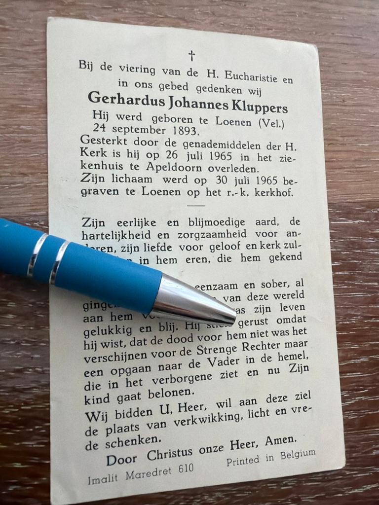 Kluppers Gerhardus 1893 Loenen 1965 Apeldoorn - E00288 -, Ophalen of Verzenden, Bidprentje