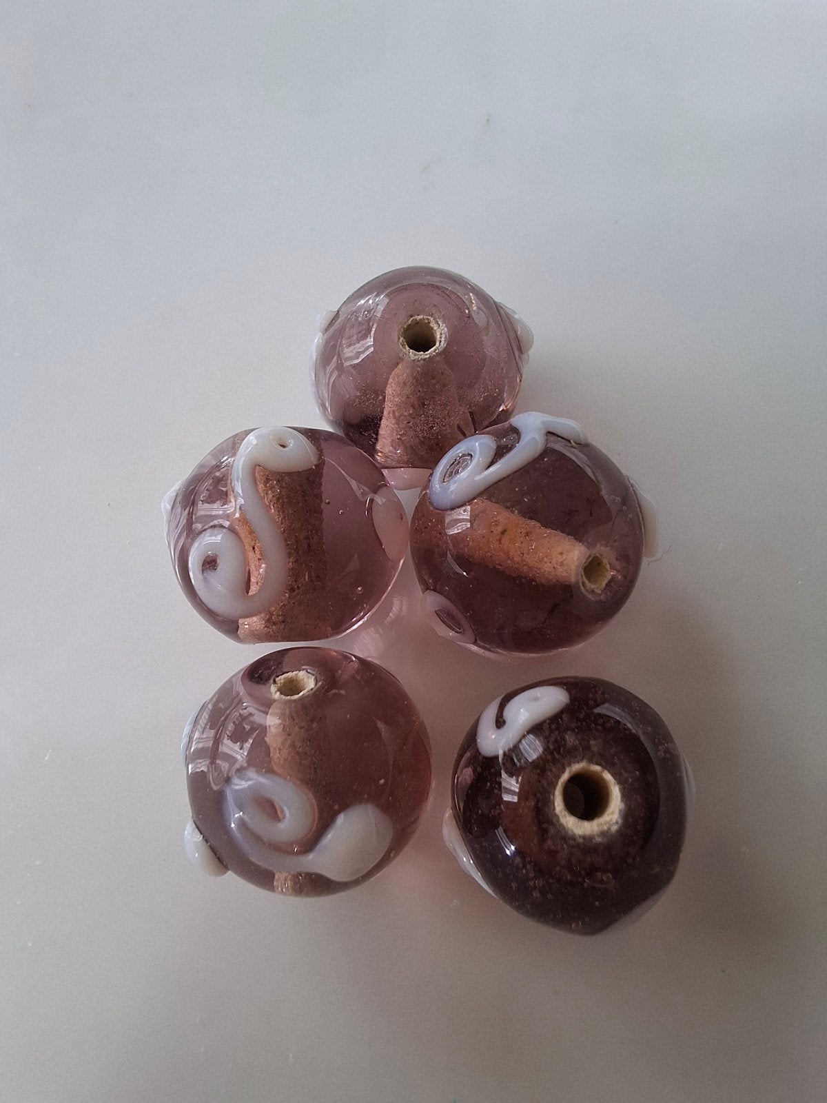 5 stuks lampwork glaskralen paars roze wit kralen, Kraal, -, -, Nieuw