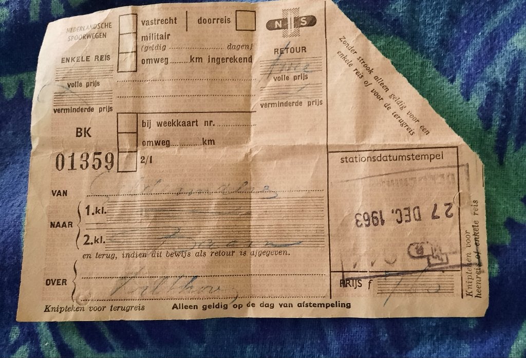 vervoersbewijs Nederlandsche Spoorwegen 27 december 1963, Ophalen of Verzenden, Gebruikt, Trein, Overige typen