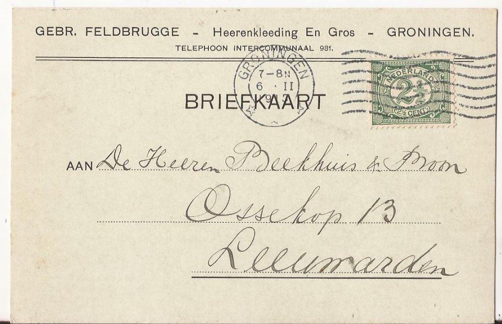 GRONINGEN 1915 Gebr FELDBRUGGE Heerenkleeding en Gros, Verzenden, Voor 1920, Gelopen, Groningen