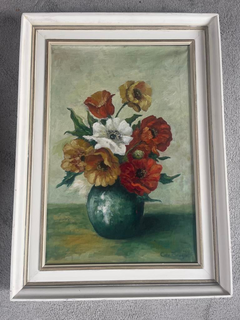 Bloemenstilleven van C. de Bruijn, olieverf op doek, 1957, Antiek en Kunst, Ophalen of Verzenden