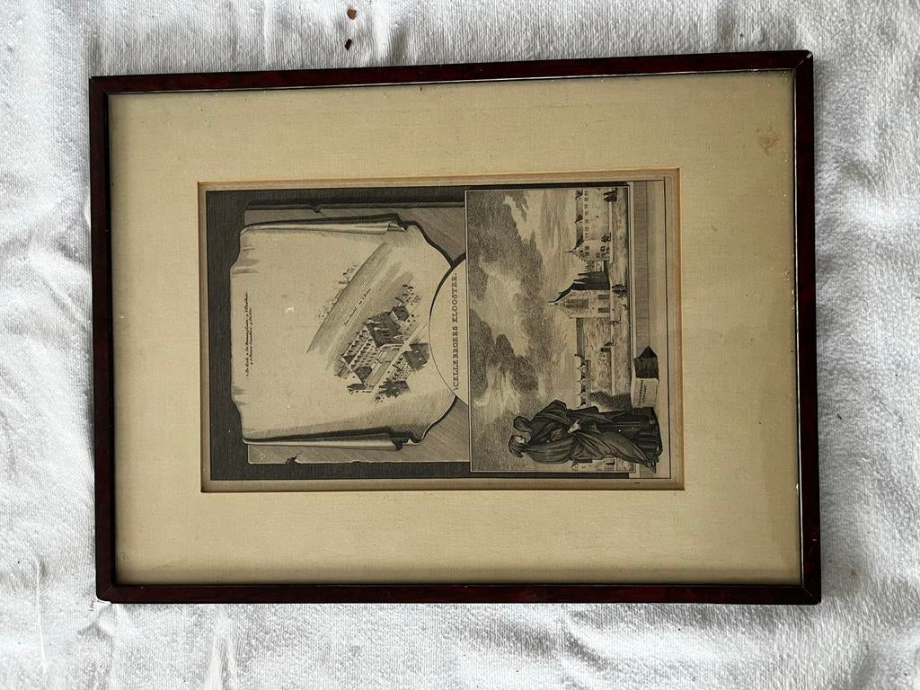 Oude Gravure: Kloostergezicht met Monniken, Antiek en Kunst, Kunst | Etsen en Gravures, Ingelijst, 1800 - 1899, Architectuur, Ophalen of Verzenden