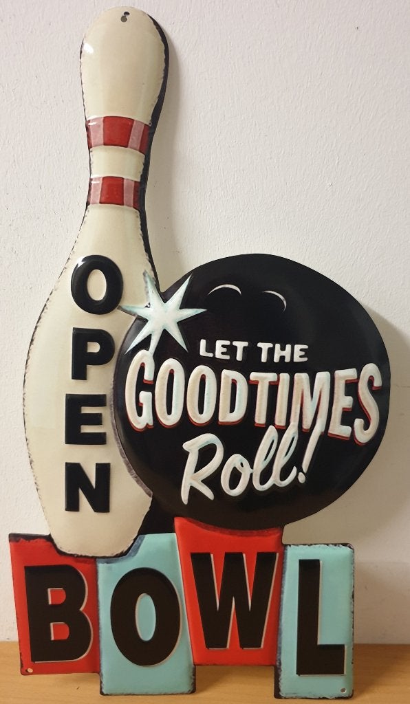 Bowling goodtimes roll open reclamebord van metaal wandbord, Info@deconoord.nl, Deco Noord, Nieuw, Ophalen of Verzenden