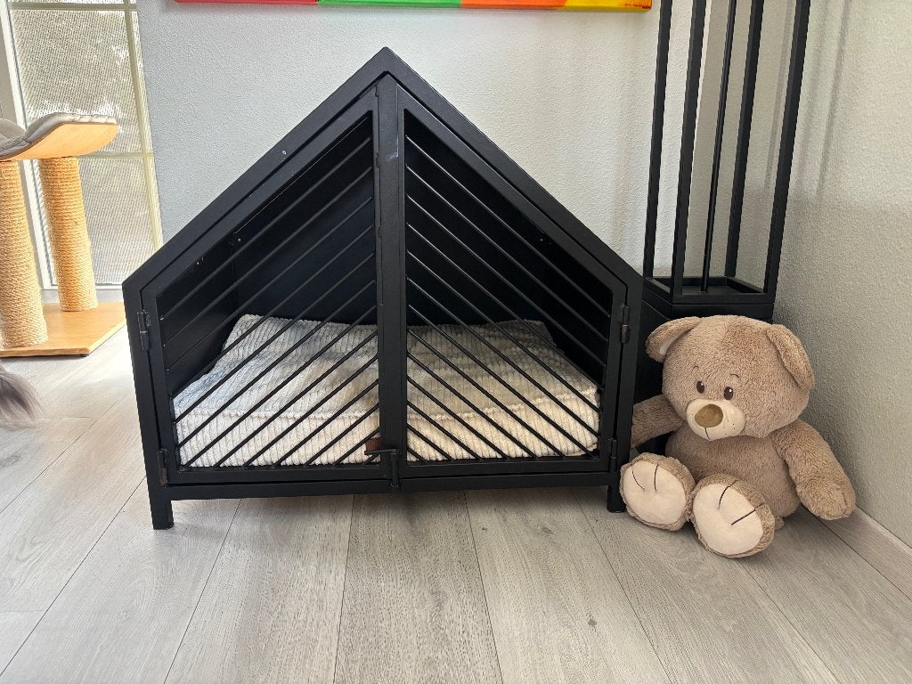 Luxe Hondenbench huisje metaal/hout mat zwart 60x70cm, Ophalen, Gebruikt