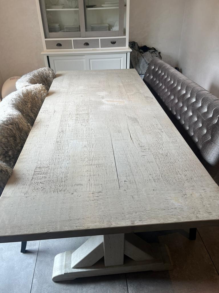 Rofra Eiken Eettafel Eetbankje 3 Pluche Stoelen Salontafel, Ophalen, Gebruikt, Landelijk, 6 tot 8 stoelen