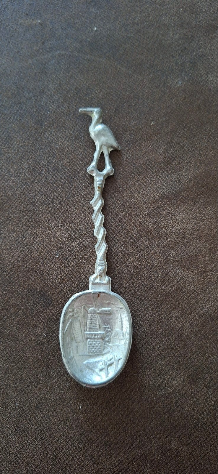 Vintage verzamellepel met ooievaar en molen, Ophalen of Verzenden