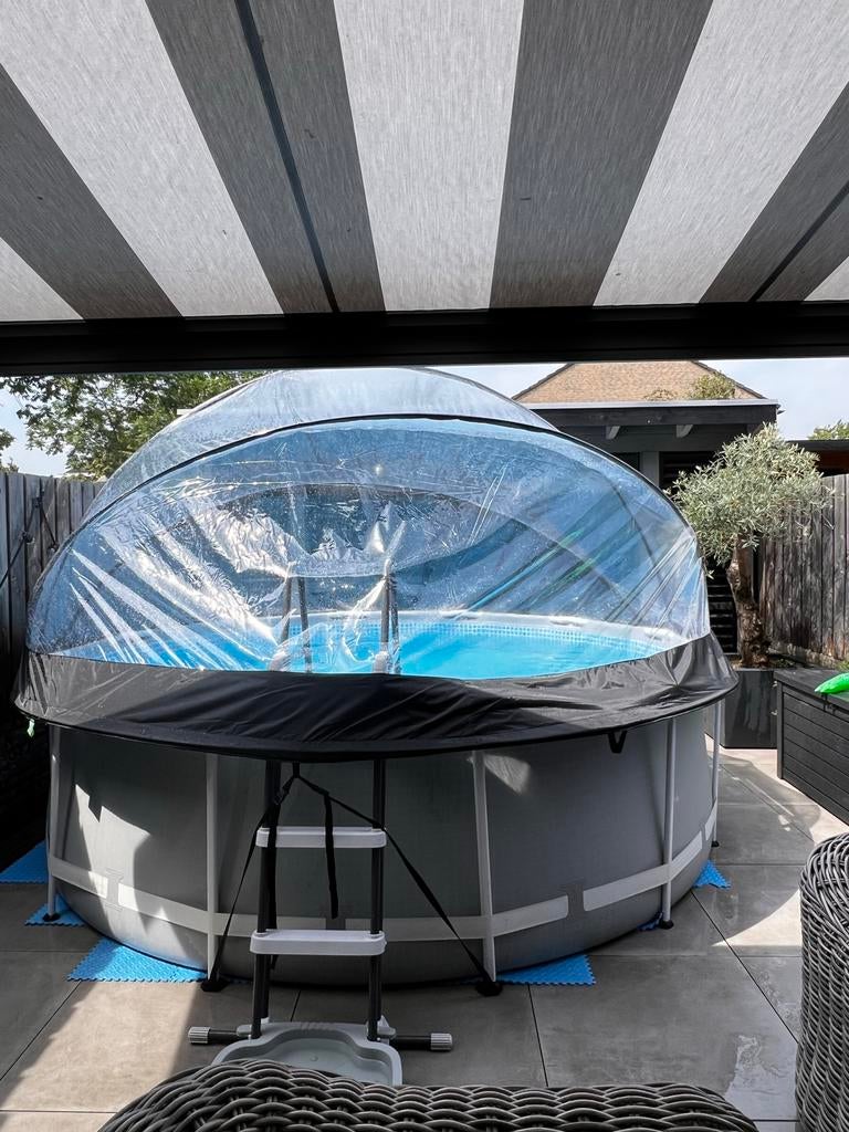 Intex Opzetzwembad 366x100met Overkapping en Weau Warmtepomp, Ophalen, 80 tot 120 cm, Rond, 300 cm of meer