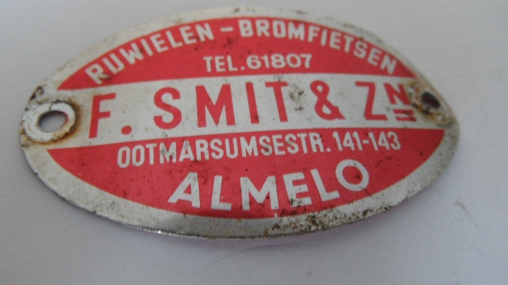F.Smit & Zn rijwielen en motoren Almelo rijwiel spatbordplaa, Verzenden, Gebruikt, Gebruiksvoorwerp