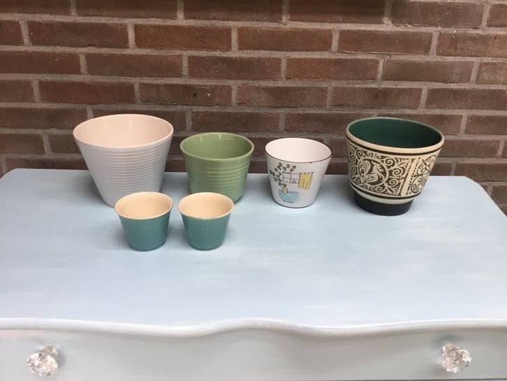 Set van 3 diverse bloempotten,, Ophalen of Verzenden