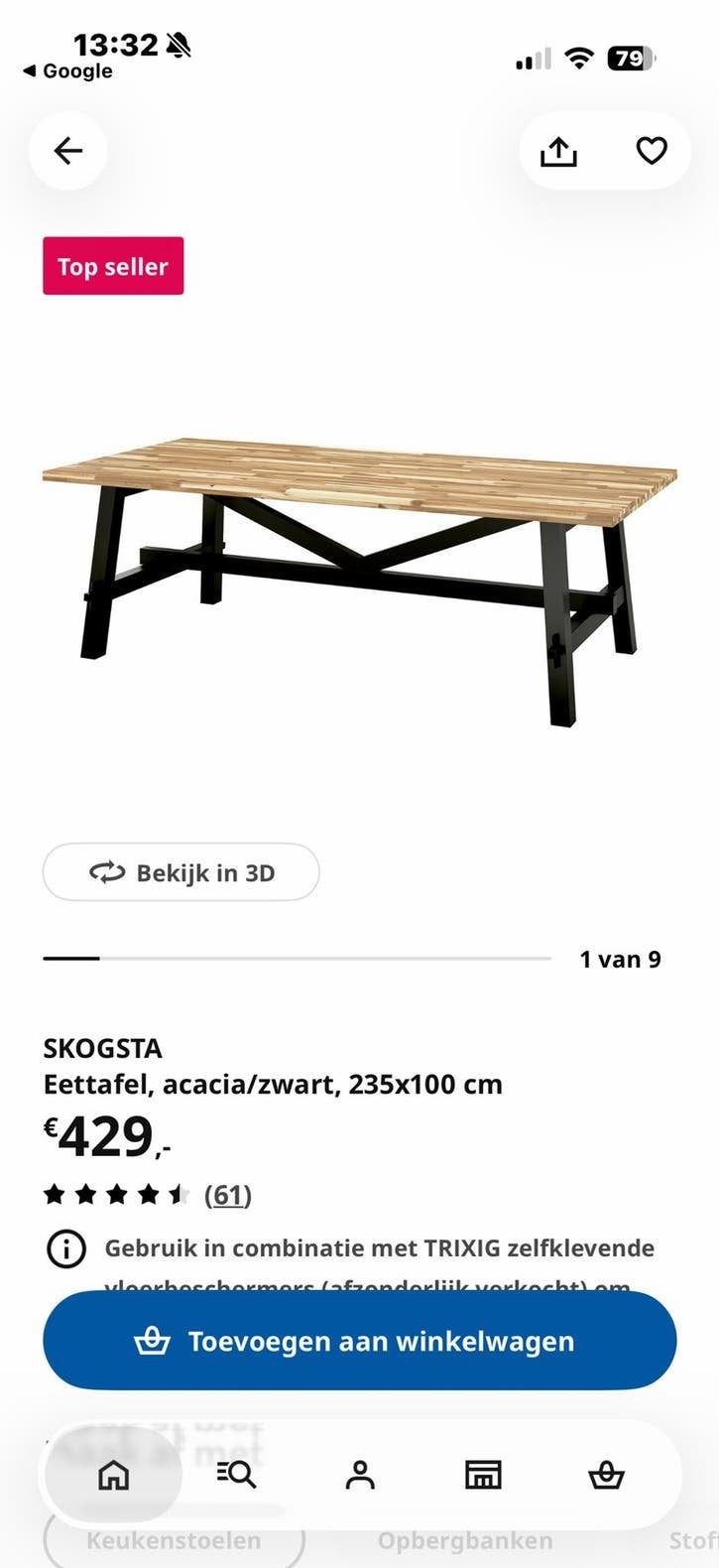 SKOGSTA Eettafel, acacia/zwart, 235x100 cm, Huis en Inrichting, Ophalen, Gebruikt, 200 cm of meer, 50 tot 100 cm