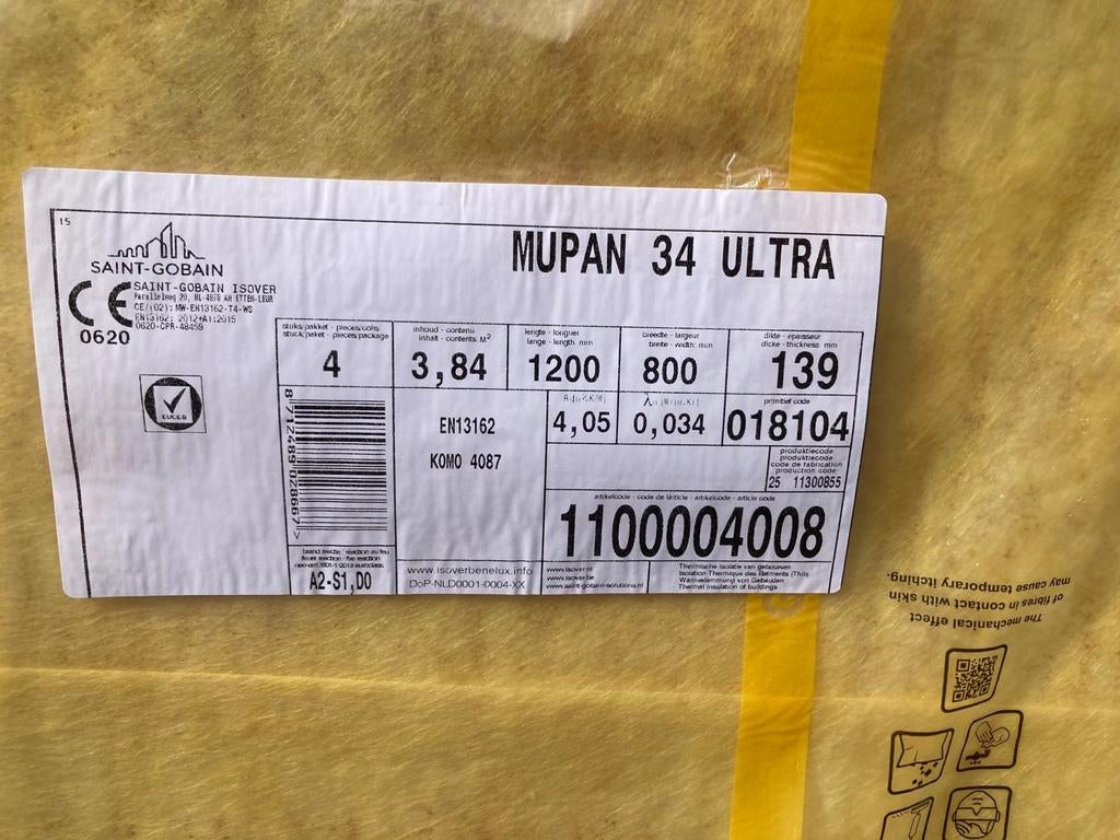 16 pakken Isover Mupan 34 Ultra isolatiewol, Ophalen, Dakisolatie, 12 cm of meer, Nieuw