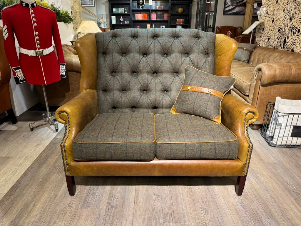 Windsor chesterfield bank Stof Harris Tweed leer hoge rug, Ophalen of Verzenden, Nieuw, 75 tot 100 cm, Leer