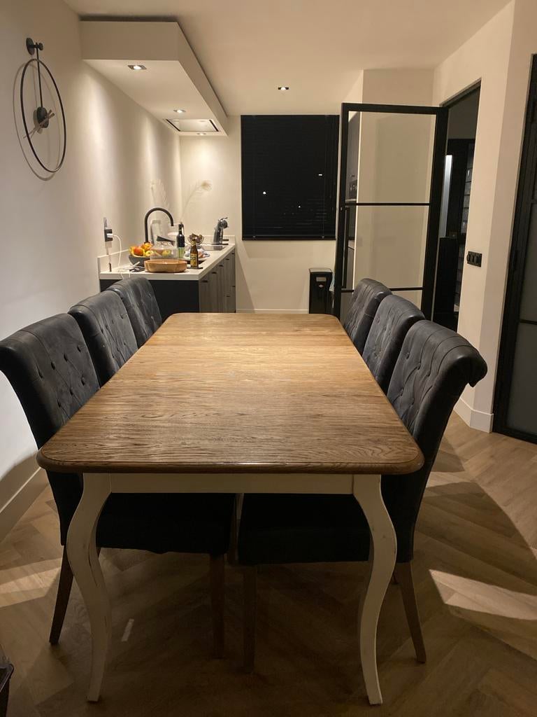 Uitschuifbare houten eettafel + 6 stoelen, Huis en Inrichting, Tafels | Eettafels, Gebruikt, 100 tot 150 cm, Eikenhout, Ophalen of Verzenden