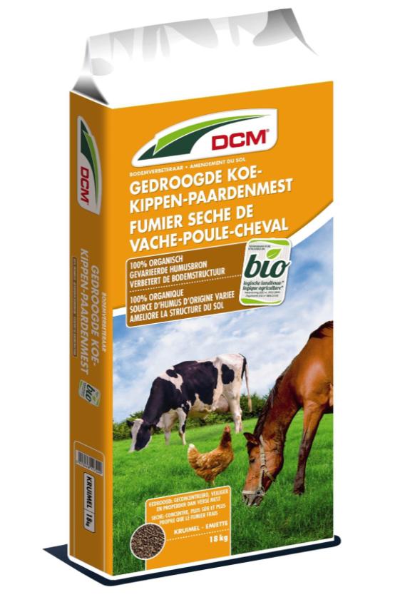 18 kilo gedroogde koe-, kippen & paardenmest - 18 kg - bio, Ophalen of Verzenden, Mest