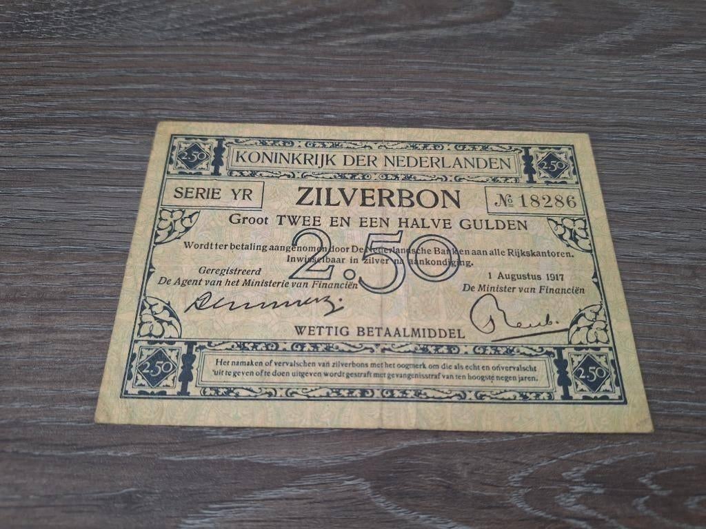 Zeldzaam biljet 2,5 gulden zilverbon 1917, in nette staat, Postzegels en Munten, Bankbiljetten | Nederland, Ophalen of Verzenden
