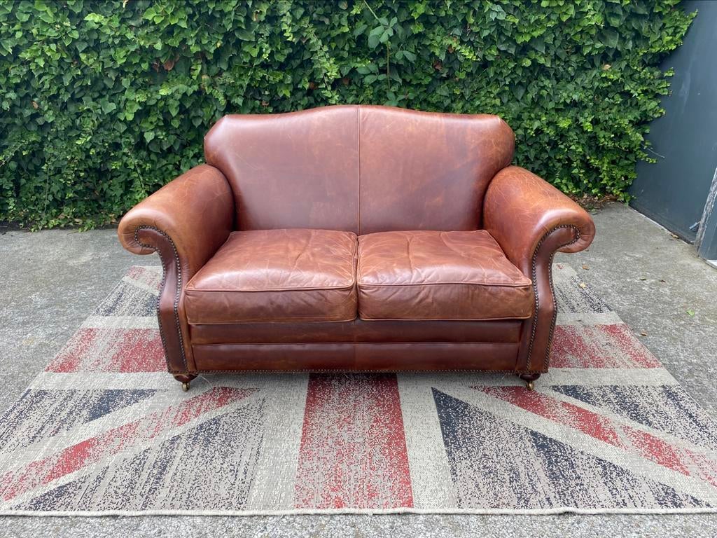 Laura Ashley bruin generfde leren 2- zits bank !!!, Ophalen, Gebruikt, Laura Ashley, 100 tot 125 cm