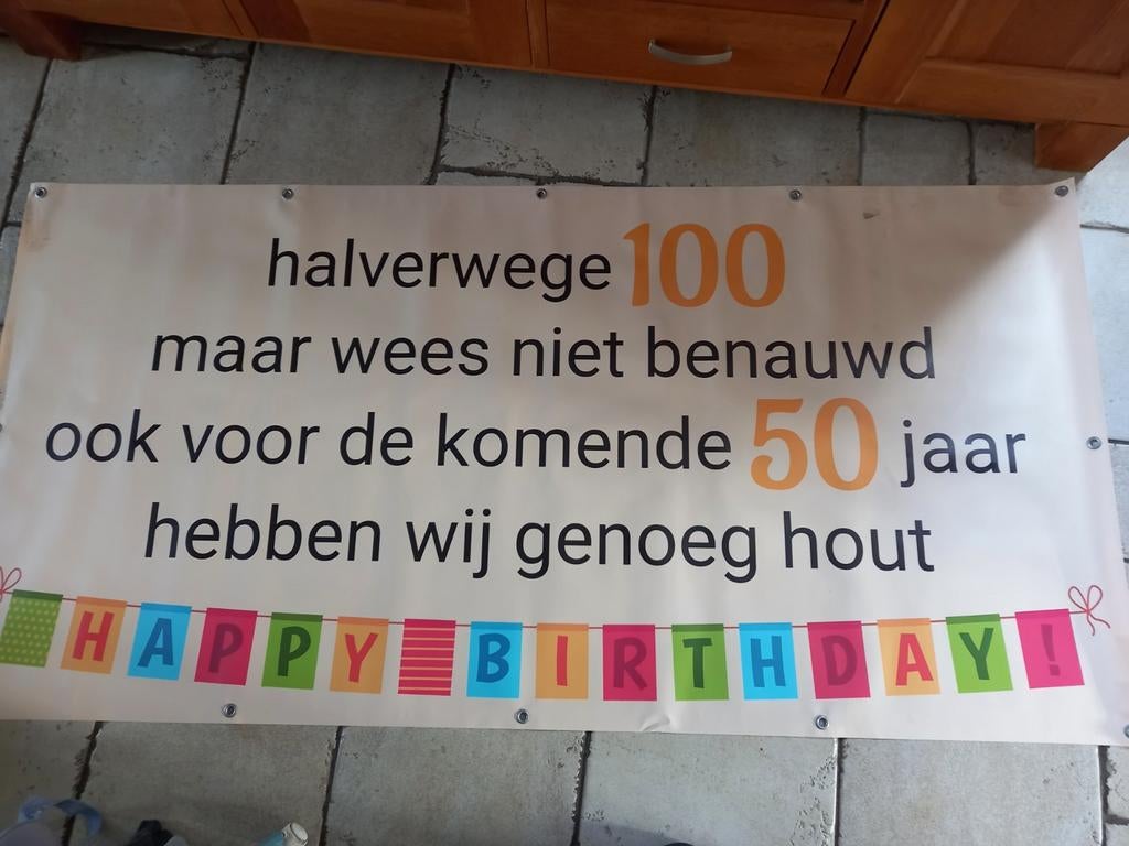 Abraham 50 jaar spandoek - 1x2 meter, Ophalen of Verzenden, Gebruikt, Versiering, Abraham of Sarah
