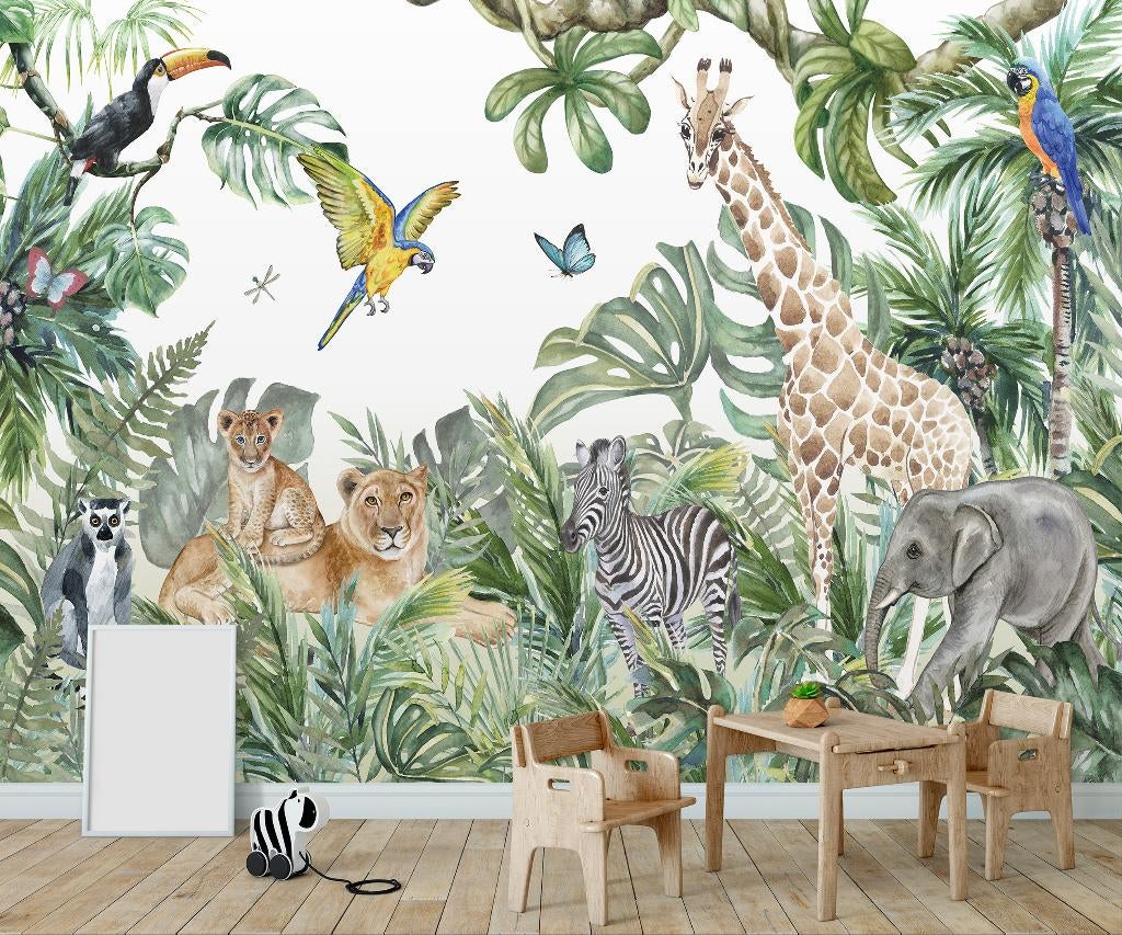 Fotobehang / Behang - Kinderkamer - Jungle Dieren Adventure, Nieuw, Ophalen of Verzenden, Wanddecoratie, Info@fotobehangkoning.nl