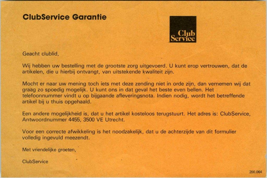 Clubservice Garantie, Boeken, Catalogussen en Folders, Ophalen of Verzenden, Zo goed als nieuw, Folder