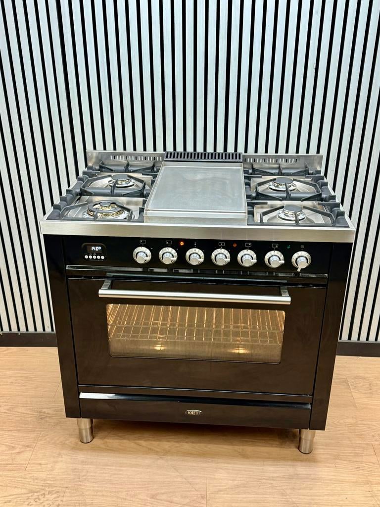 Luxe Boretti Fornuis zwart hoogglans met Frytop 90 cm, Fornello Esperta, Ophalen of Verzenden, Zo goed als nieuw, Energieklasse A of zuiniger